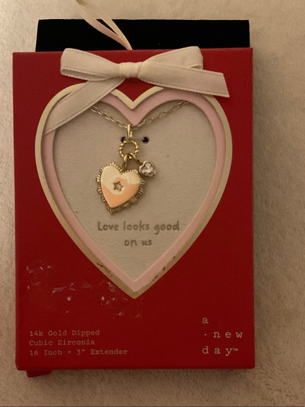 a new day Gold and Pink Heart Charm Necklace